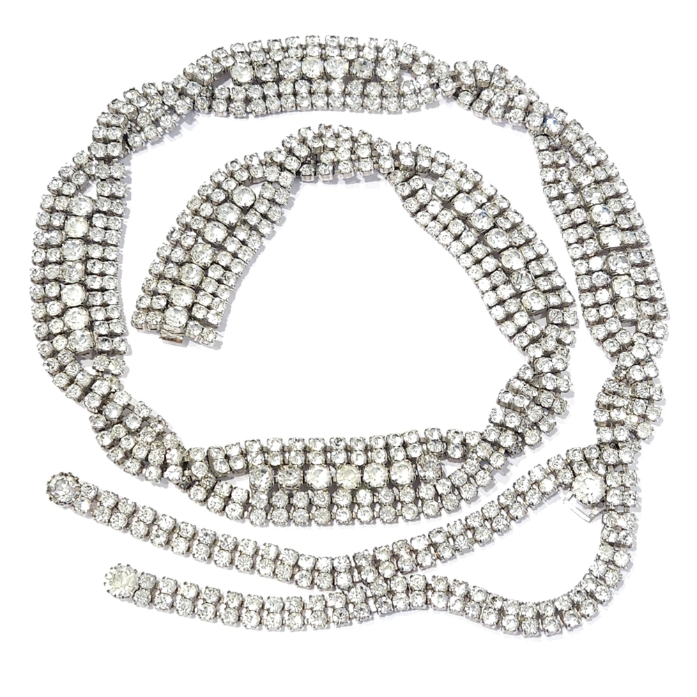 Christian Dior Vintage Crystal Belt Statement Necklace Silver Tone 1970s - Picture 1 of 17